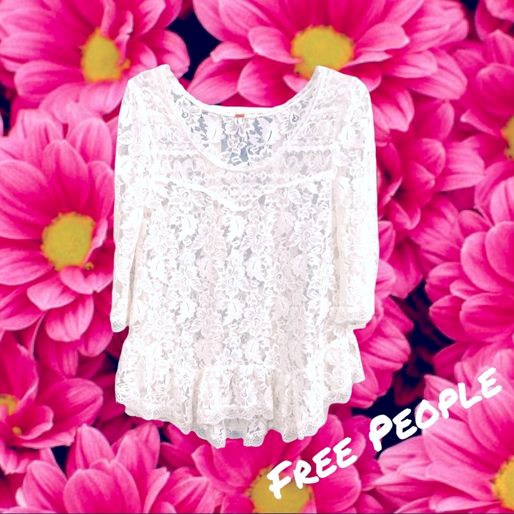 Free People white lace top with ruffles and bell sleeves size XS